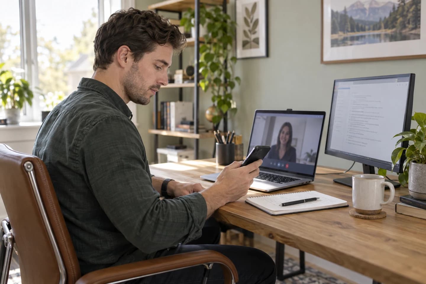 Illustrative interview candidate with a phone and second monitor beside their laptop